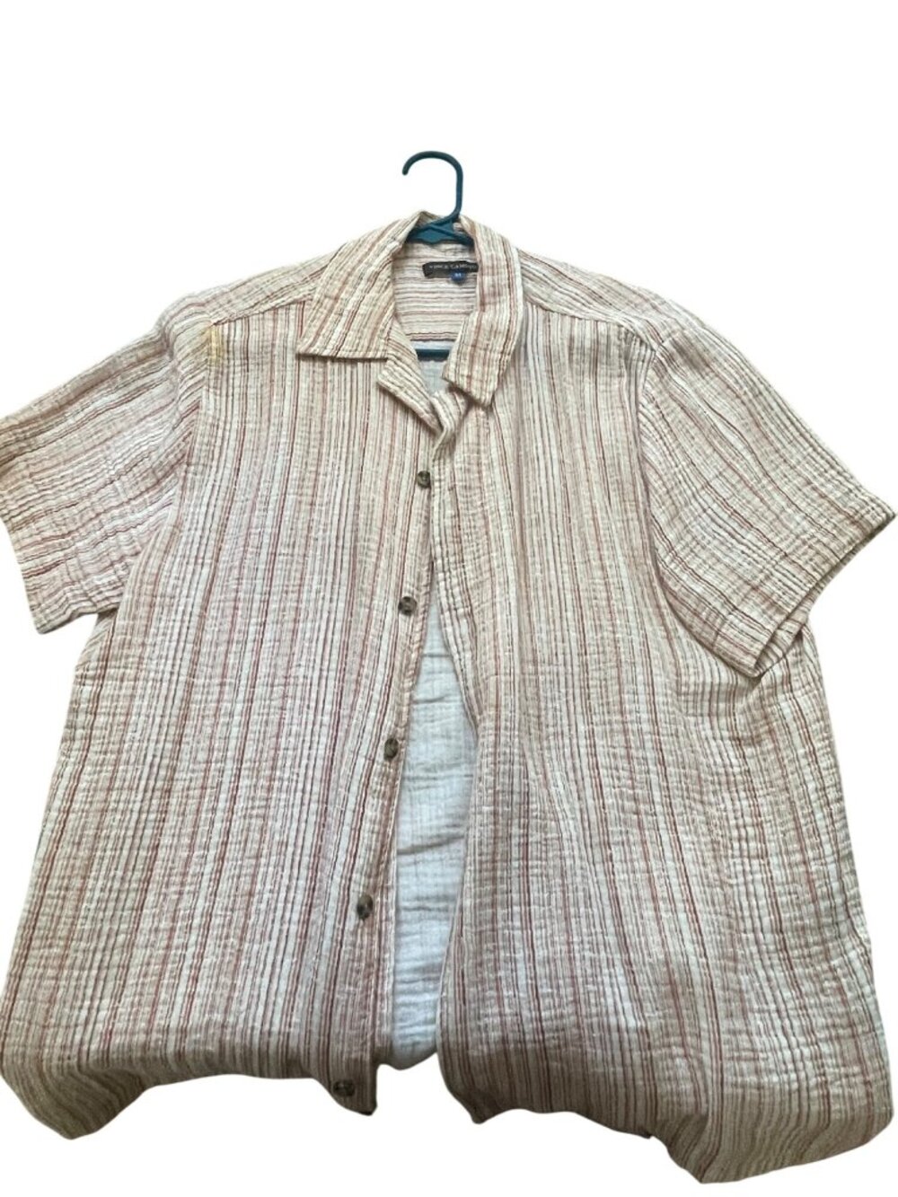 Vince Camuto Striped Short Sleeve Button-Down Shirt Red & Beige Size M Lightweig